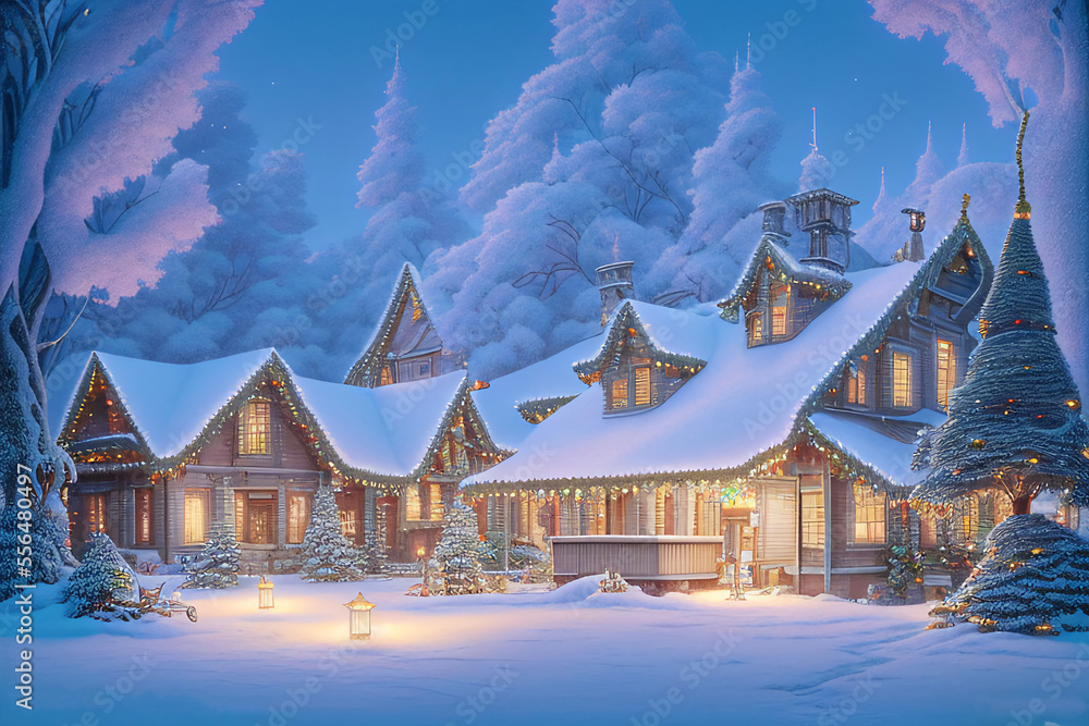 Digital Illustration of a picturesque Christmas Village Covered With Snow and Christmas Decorations, AI