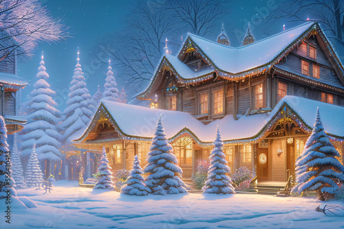 Digital Illustration of a picturesque Christmas Village Covered With Snow and Christmas Decorations, AI © Vien