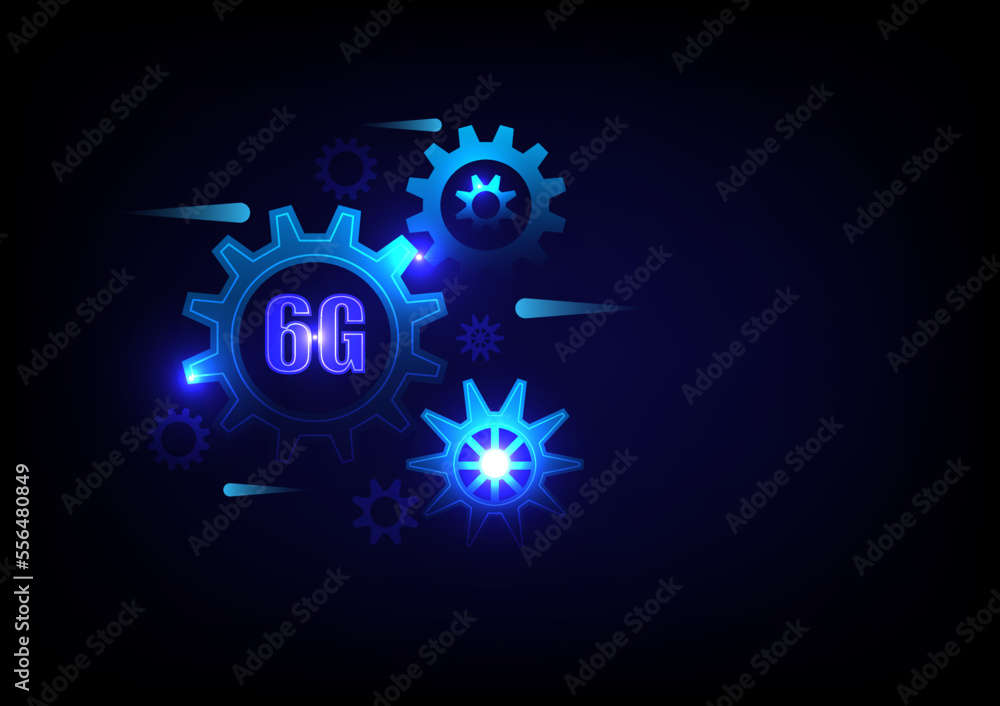 6gBusiness and technology concept. 6G with blue cogs on the background. Wireless network communication, high-speed internet, cyber futuristic, and data transfer. 6gBusiness and technology concept. 6G with blue cogs on the background. Wireless network communication, high-speed internet, cyber futuristic, and data transfer.