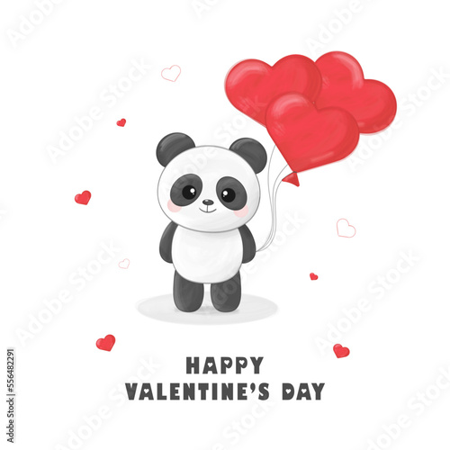 St Valentine's day greeting card with cute panda with three heart shaped balloons isolated on white background, watercolor effect, vector illustration