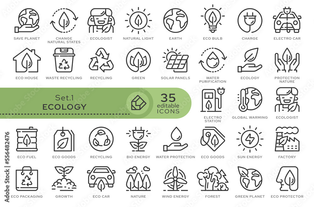 Set of conceptual icons. Vector icons in flat linear style for web sites, applications and other graphic resources. Set from the series - Ecology and Environment. Editable outline icon.	