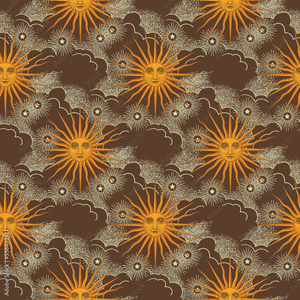 seamless pattern with sun and clouds 60s, 70s, retro style seamless pattern with sun and clouds 60s, 70s, retro style
