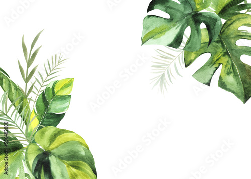 Tropical background with green watercolor leaves. Place for your text. Perfect for wedding and ceremony decoration, stationary, greetings etc.