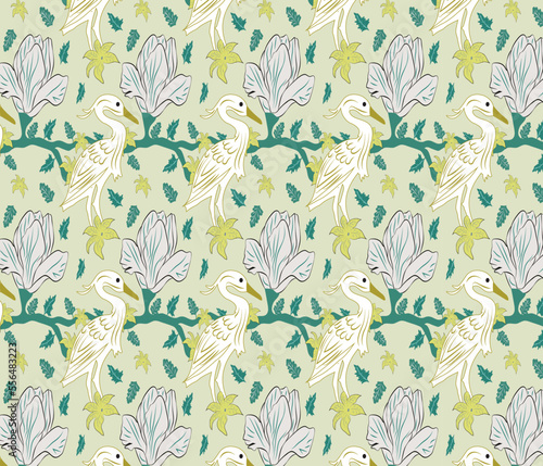 Swan and floral vector repeat pattern with ghost white color background