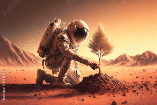 Fototapeta Astronaut planting a tree on planet mars - Generative AI