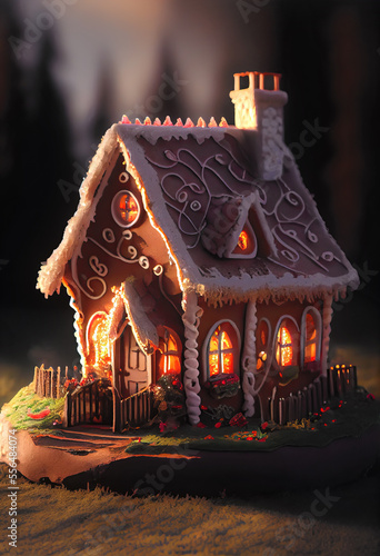 Illustration of a lit handmade gingerbread house for Christmas and New Year photo