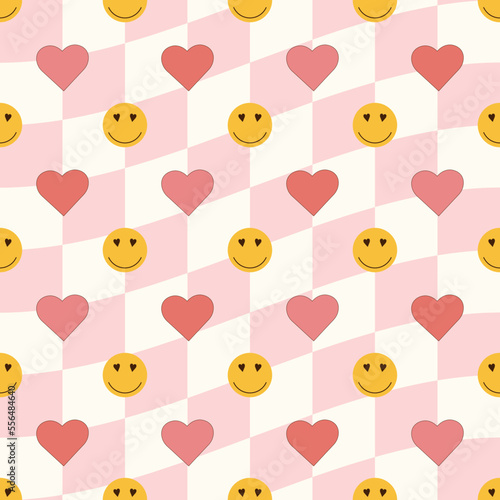 Retro groovy seamless pattern with smile and hearts on a checkered background. Cute trendy vector illustration in style 60s, 70s.