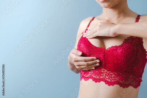 Valokuva Closeup view of a young woman body chest breast with red bra isolated on backgro