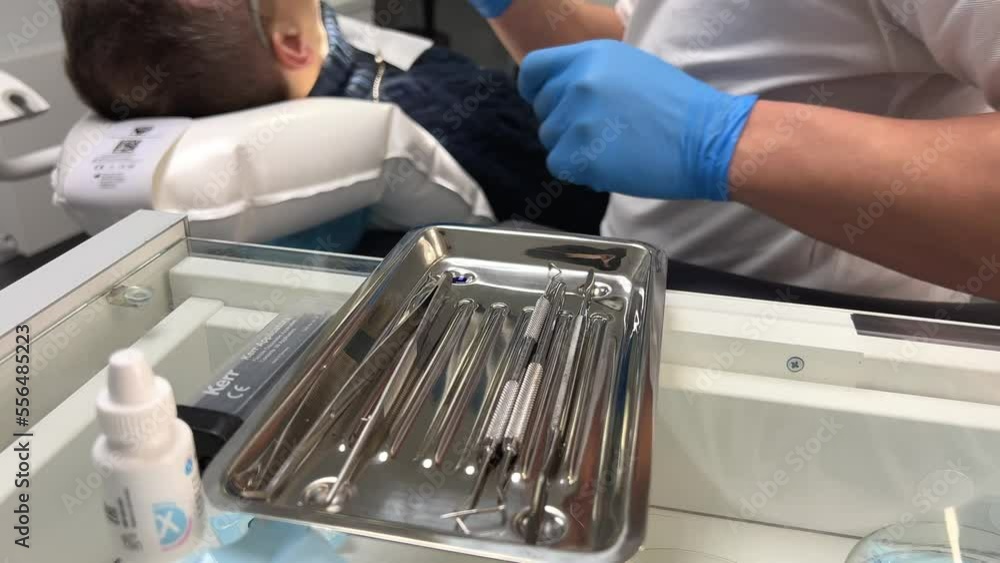 Closeup teeth airflow tool Oral hygiene Ultrasonic teeth cleaning