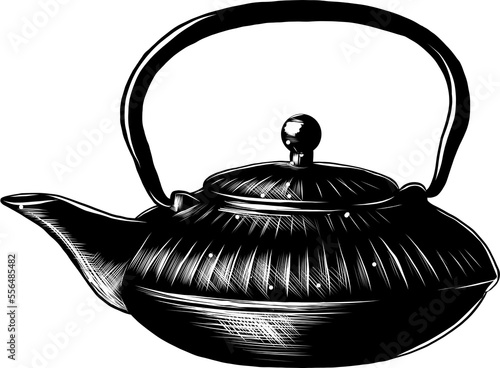 PNG engraved style illustration for posters, decoration and print. Hand drawn sketch of a chinese teapot, monochrome isolated on white background. Detailed vintage woodcut style	
 photo
