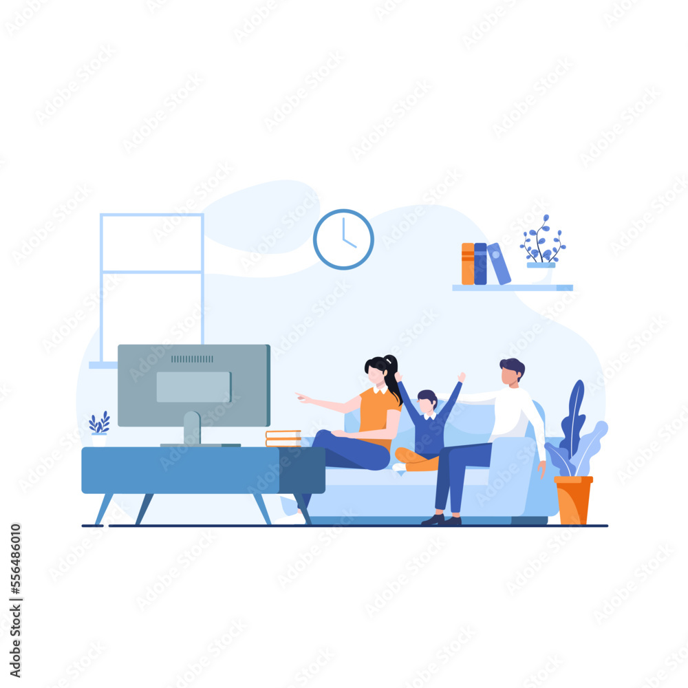 Family Watching tv show. Father Mother and Son watching television and having fun together. Happiness in family concept flat design for web application
