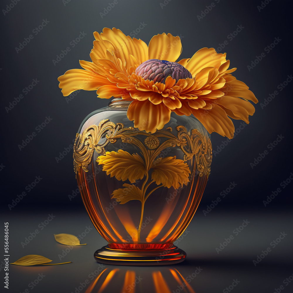 Beautiful vase in faberge style with orange, yellow flower Beautiful vase in faberge style with orange, yellow flower