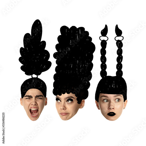 Set of young women faces, human heads with funny drawn haircuts, hairdo. Curly and straight, quads, bob or pank and retro. Beauty, fashion concept photo