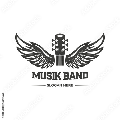 Vintage Retro Guitar Wings Music Logo Design Vector. Acoustic guitar logo. Music shop vintage grunge style template design element