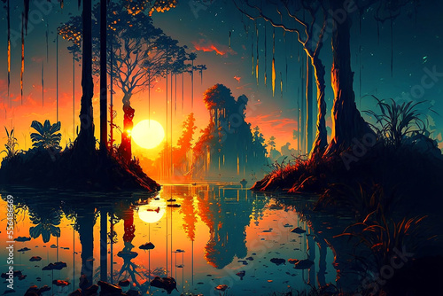 Beautiful Anime Sunset Scenery  amazon jungle. Generative AI