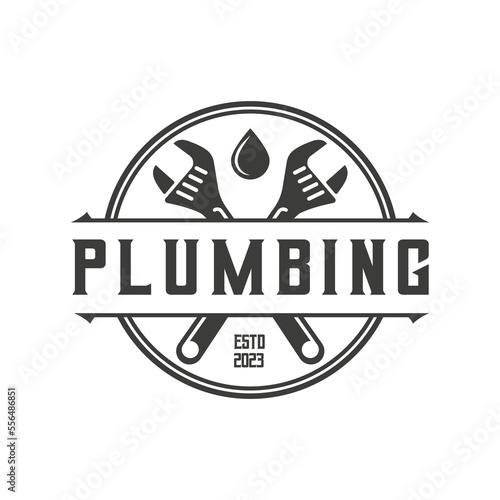Plumbing logo, in retro or vintage style, plumber logo for professional business concept emblem design, template