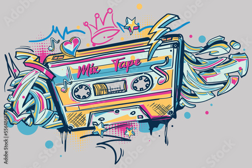 Musical design - drawn audio cassette and graffiti arrows street art