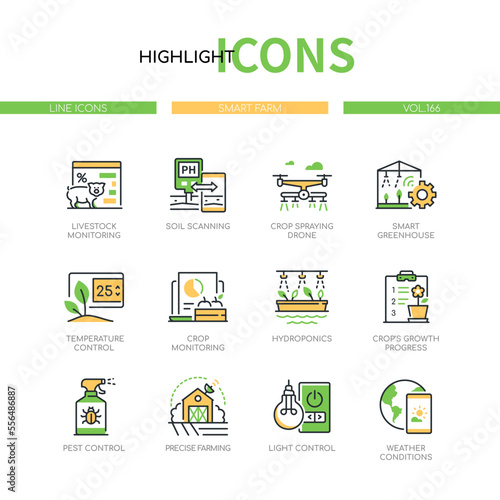 Smart farm and technology - line design style icons set