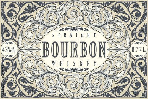 Bourbon Whiskey - monochrome ornate vintage decorative label