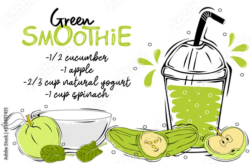 Green smoothie recipe with illustration of ingredients. Healthy food poster. Detox diet concept. Vector illustration