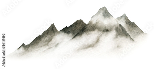 A mountain in the fog hand drawn in watercolor. Watercolor illustration. 