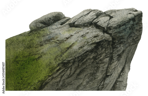 Moss-covered rocky cliff hand drawn in watercolor. Watercolor illustration. 
