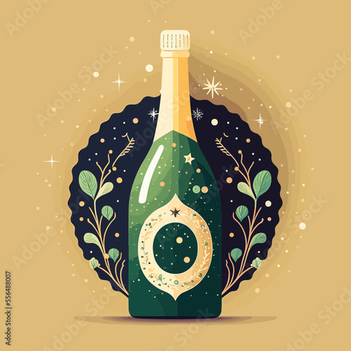 A sparkling wine bottle with festive decorations. Usable as a new year postcard or party invitation.