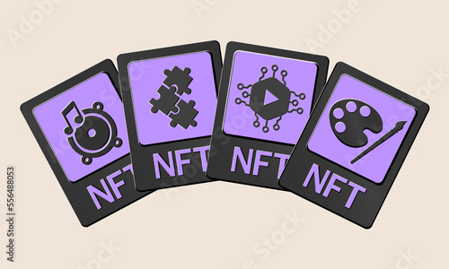 3D NFT token cards in cryptography. NFT cards with game, music, video and art. A non-fungible token with information from the blockchain. ERC20. vector