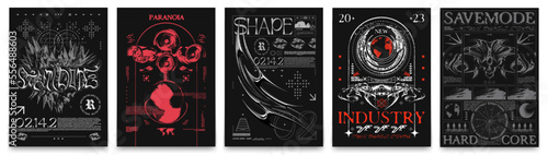 Retro futuristic posters with spiked heart, surveillance cameras, iron liquid, spaceship. In techno style print for streetwear, print for t-shirts and sweatshirts on a black background