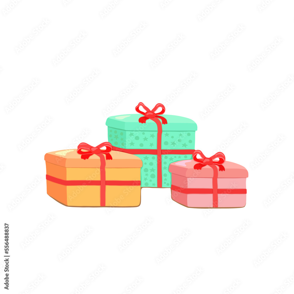Obraz premium Gift boxes in orange, blue and pink colors and with red bows on a white square background. Give gifts. New Year and Christmas. Individual elements, objects and icons. Vector illustration.