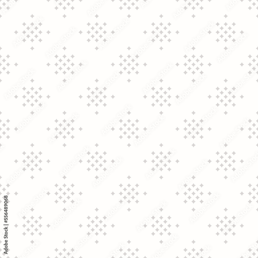 Subtle minimal vector seamless pattern with small diamond shapes, stars, rhombuses, dots. Simple geometric background. Abstract minimalist white and gray texture. Repeat geo design for decor, fabric
