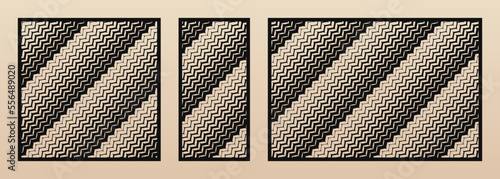 Laser cut panel set. Abstract pattern with diagonal lines, stripes, halftone zigzag shapes, grid, gradient transition. Decorative stencil for CNC cutting of wood, metal. Aspect ratio 1:1, 1:2, 3:2