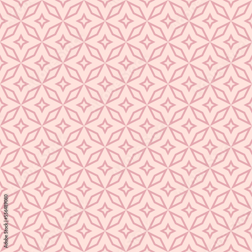 Vector geometric seamless pattern in abstract style. Elegant pink ornament texture with lines, floral shapes, stars, grid, diamonds, repeat tiles. Vector abstract ornamental background. Subtle design