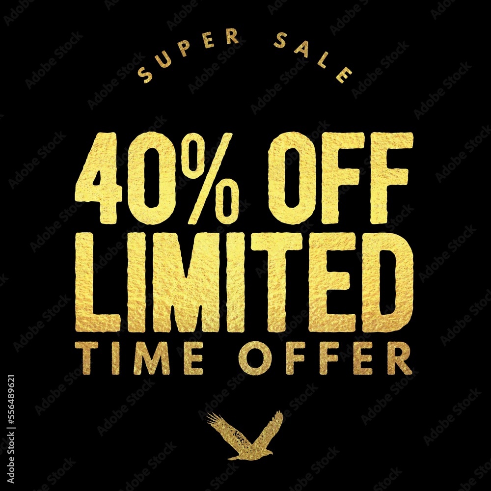 Fototapeta premium Sale 40 percent off gold glitter text with black background banner. Discount offer or sale tag for 40 percent off
