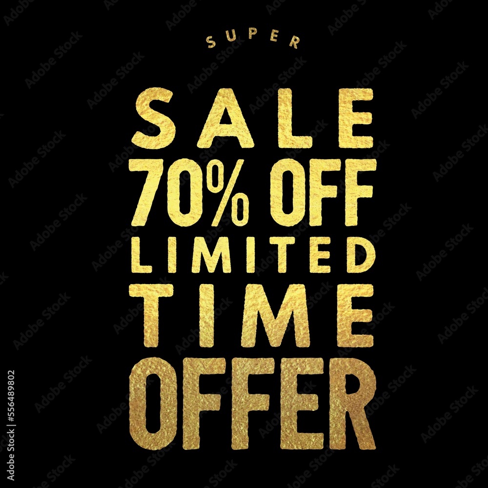 Sale 70 percent off gold glitter text with black background banner. Discount offer or sale tag for 70 percent off