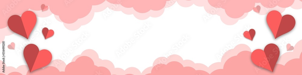 Valentine’s Day modern minimalistic design for Website, greeting or Sale banner, flyer, poster in paper cut style with cute flying Origami Hearts over clouds isolated on background.