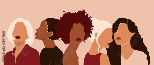 Friendship of women of different ethnicity and culture standing side by side together. Strong and courageous girls support each other in the feminist movement. Colorful vector illustration.