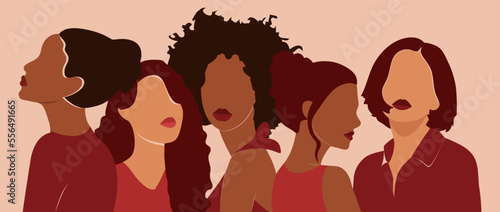 Friendship of women of different ethnicity and culture standing side by side together. Strong and courageous girls support each other in the feminist movement. Colorful vector illustration.