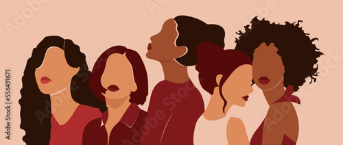 Friendship of women of different ethnicity and culture standing side by side together. Strong and courageous girls support each other in the feminist movement. Colorful vector illustration.
