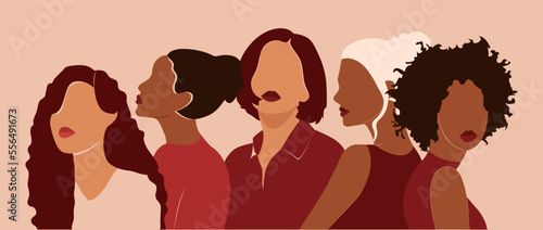 Friendship of women of different ethnicity and culture standing side by side together. Strong and courageous girls support each other in the feminist movement. Colorful vector illustration.