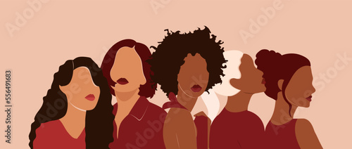 Friendship of women of different ethnicity and culture standing side by side together. Strong and courageous girls support each other in the feminist movement. Colorful vector illustration.