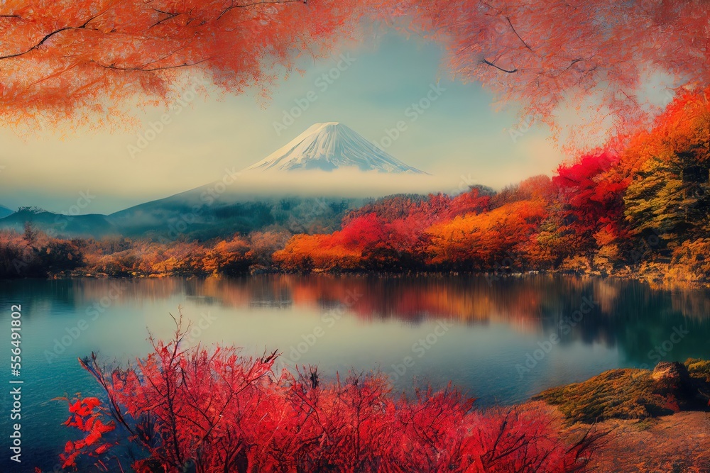 Mountain in Autumn Season. Red Leaves in Beautiful Weather