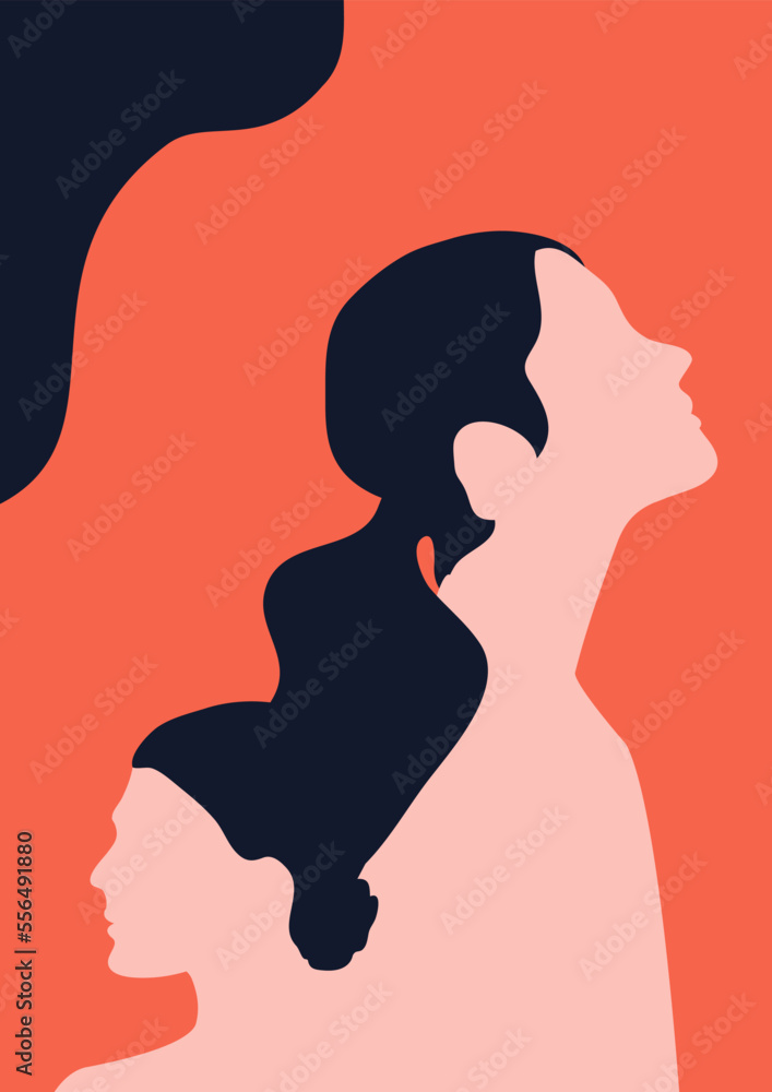 Women's day campaign poster background design with two or more girls with faces silhouette vector illustration. Female friendship. Colorful vector illustration.