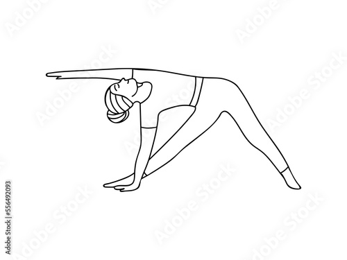 Young woman standing on her hand doing yoga exercise in side view. A girl doing stretching exercise of yoga stand on her hands doodle icon in vector.