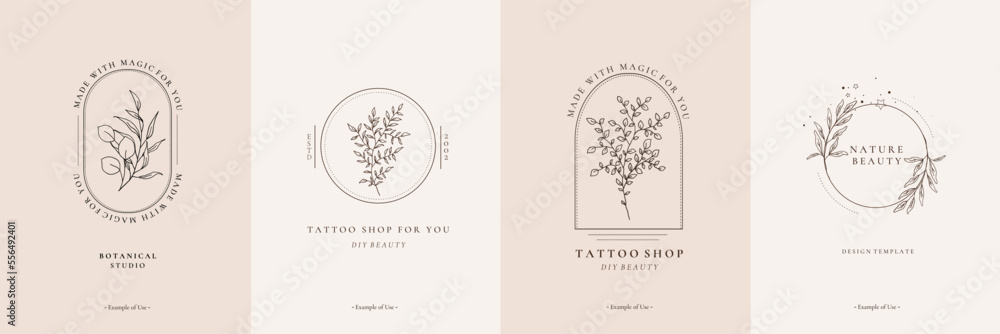 Set of minimalist floral line art leaves logo template. Botanic outline hand drawn branch, twig monogram design. Wedding pencil sketch elegant botanical logo greenery vector illustration