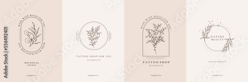 Set of minimalist floral line art leaves logo template. Botanic outline hand drawn branch, twig monogram design. Wedding pencil sketch elegant botanical logo greenery vector illustration
