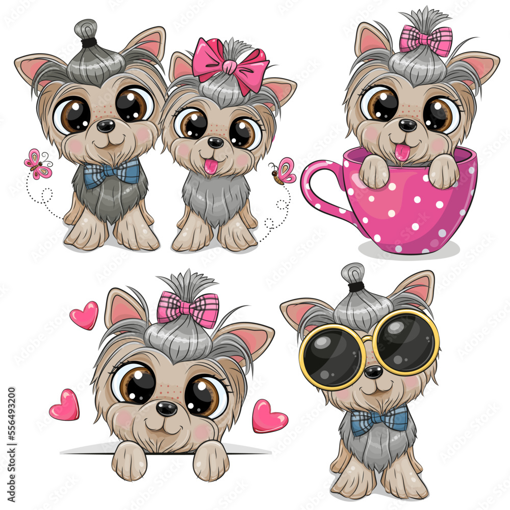 Fototapeta premium Set of Cute cartoon Dogs Yorkshire Terrier boy and girl
