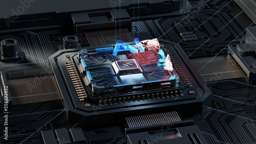 Futuristic microchip processor with lights on the black background. Quantum computer, large data processing, database concept. CPU isometric. Central Computer Processors CPU concept. Digital chip