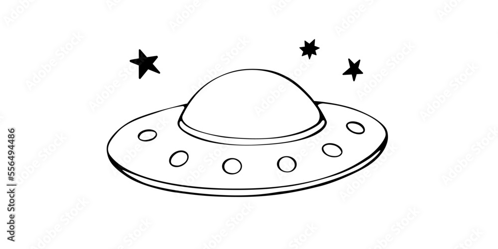 Flying saucer, spaceship icon in sketch cartoon style. Design element on the theme of UFO, space, aliens. Hand drawn doodle vector illustration Flying saucer, spaceship icon in sketch cartoon style. Design element on the theme of UFO, space, aliens. Hand drawn doodle vector illustration