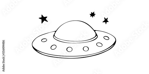 Flying saucer, spaceship icon in sketch cartoon style. Design element on the theme of UFO, space, aliens. Hand drawn doodle vector illustration